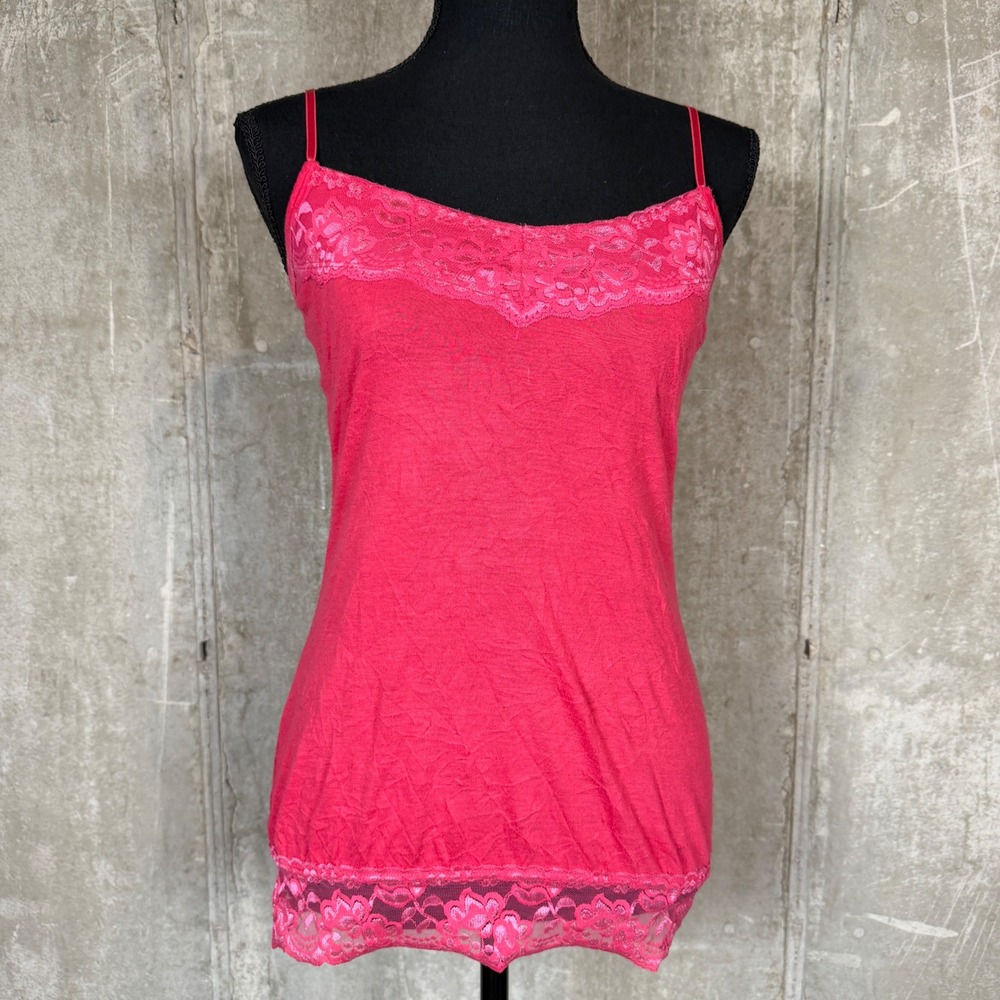 2000s coral pink Lace Cami summer coquette Tank Top Small Adjustable Straps